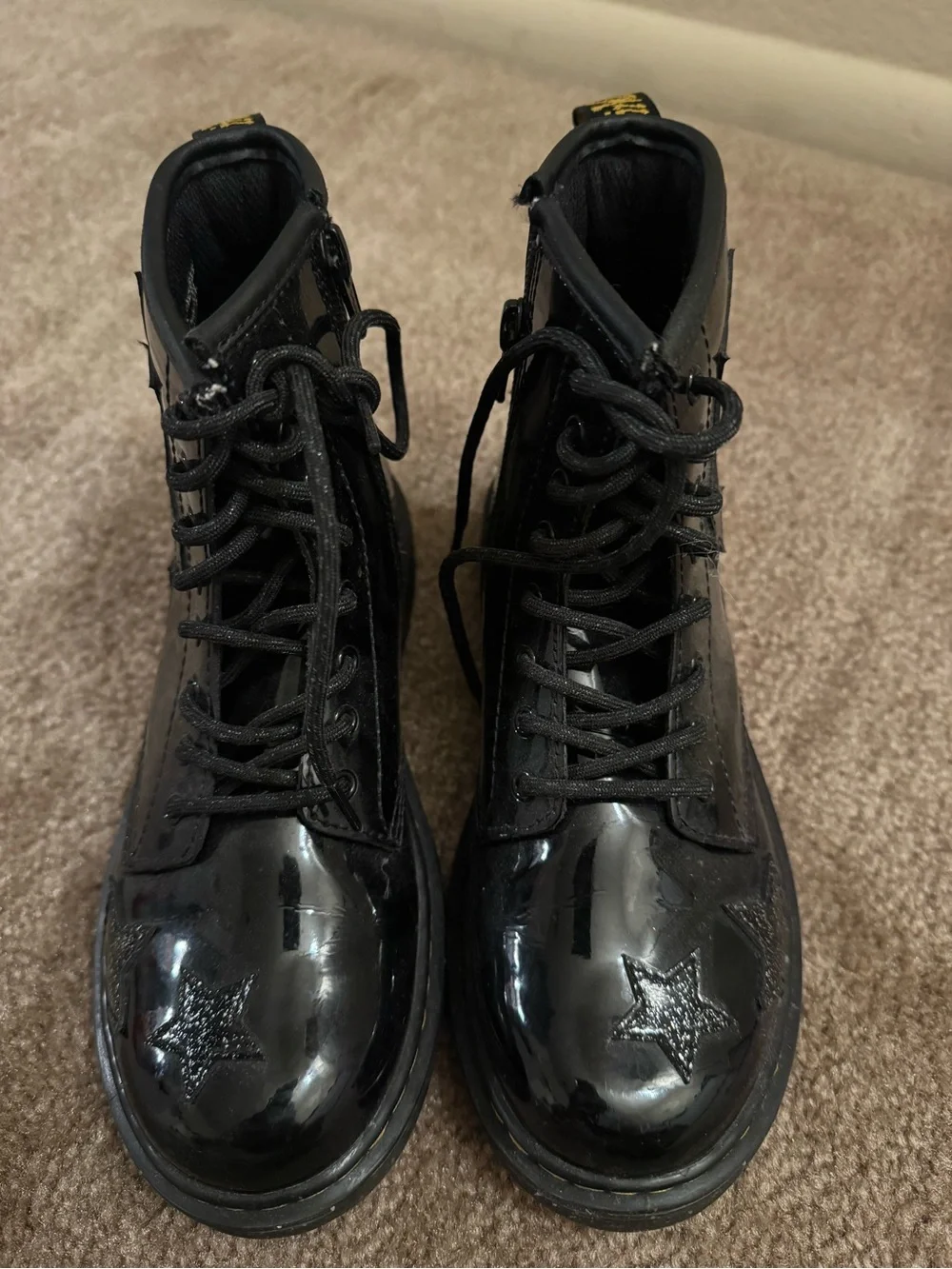 Dr. Martens Black Patent Lace-Up Kids' Boots with Star Accent